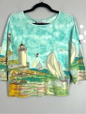 Vintage Take Two Nautical Lighthouse Top Beaded Sailboat Coastal Shirt Size L